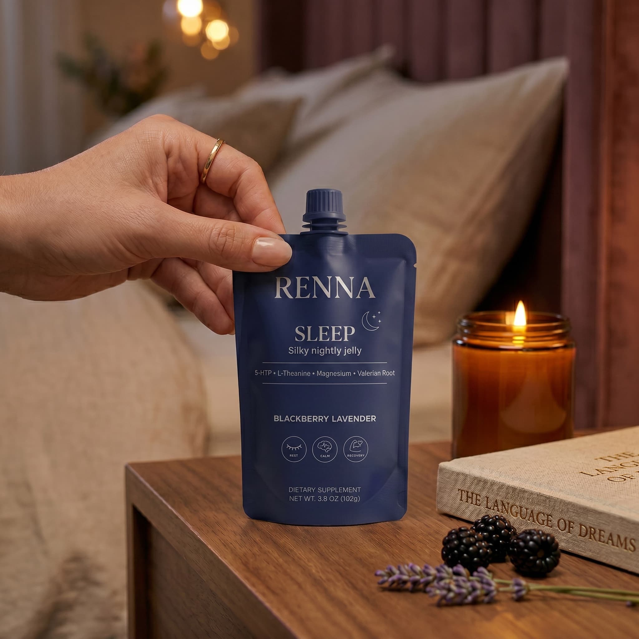 Renna Sleep jelly pouch on a nightstand in cozy bedroom setting