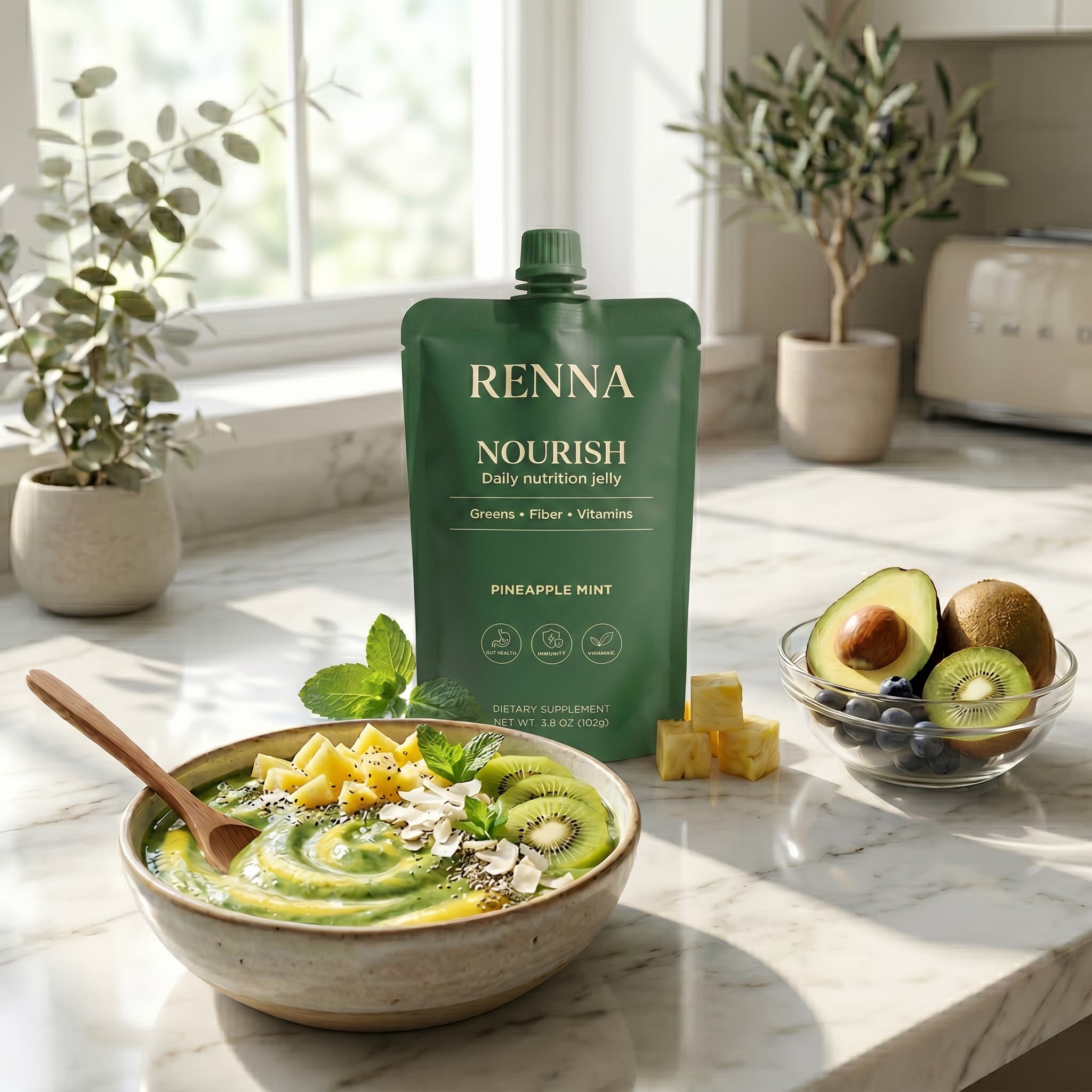 Renna Nourish jelly pouch on a kitchen counter